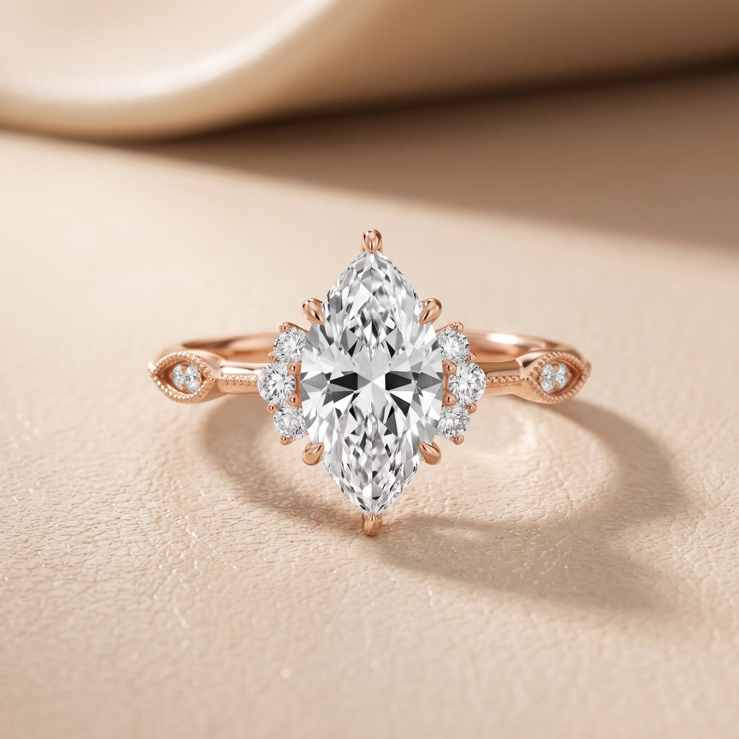 Naomi Vintage Milgrain Marquise Diamond Engagement Ring in Rose Gold - front.jpg