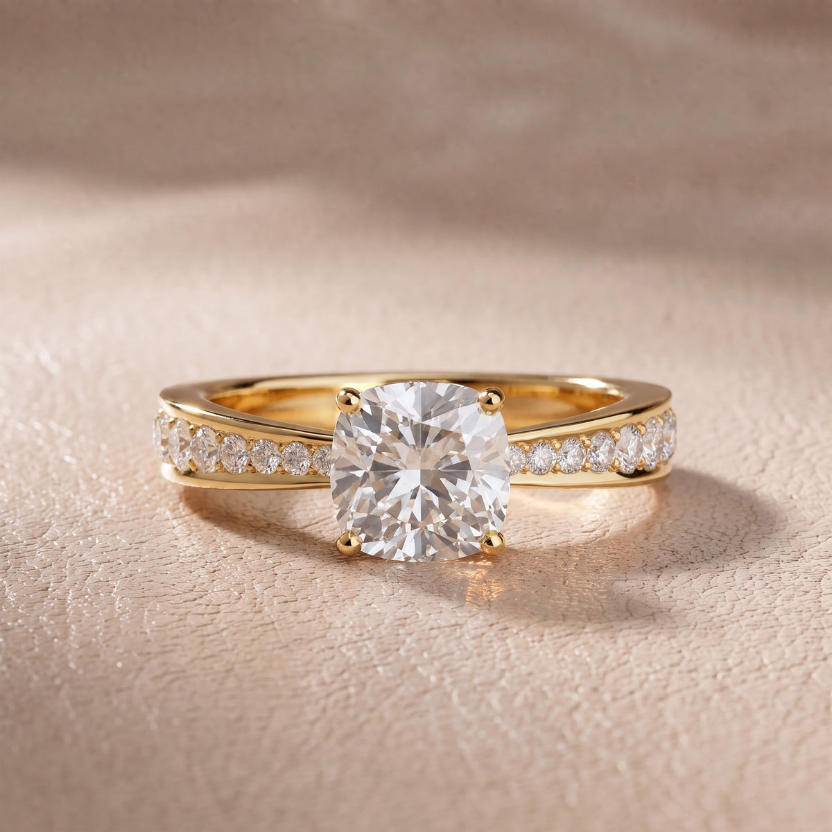 Rhea Sidestone Pavé Cushion Diamond Engagement Ring in Yellow Gold - front.jpg