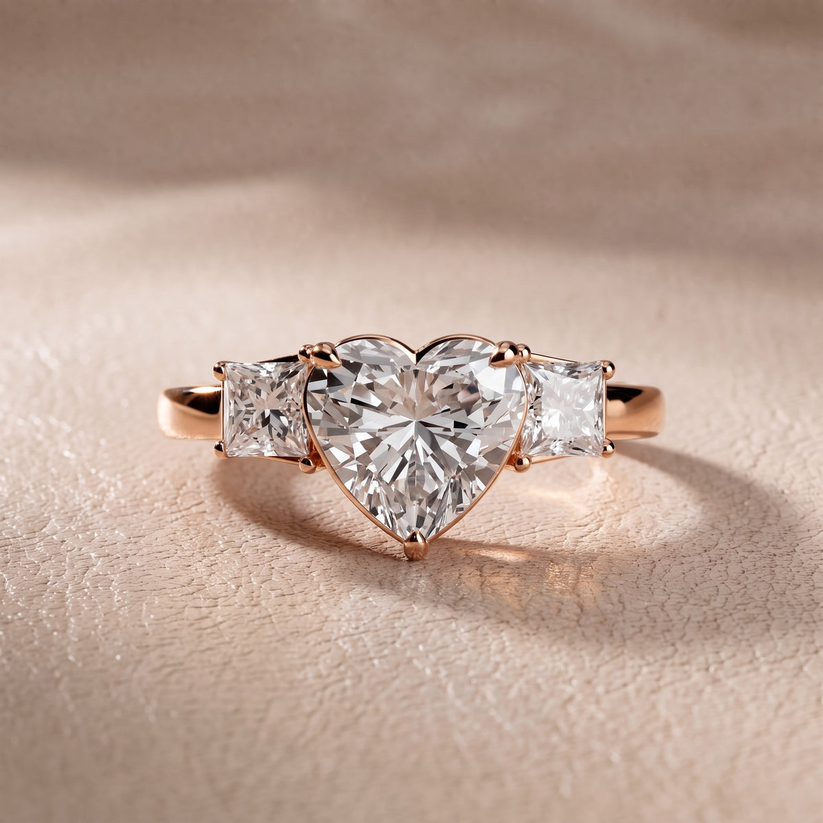 Aria Three-Stone Basket Heart Diamond Engagement Ring in Rose Gold - front.jpg