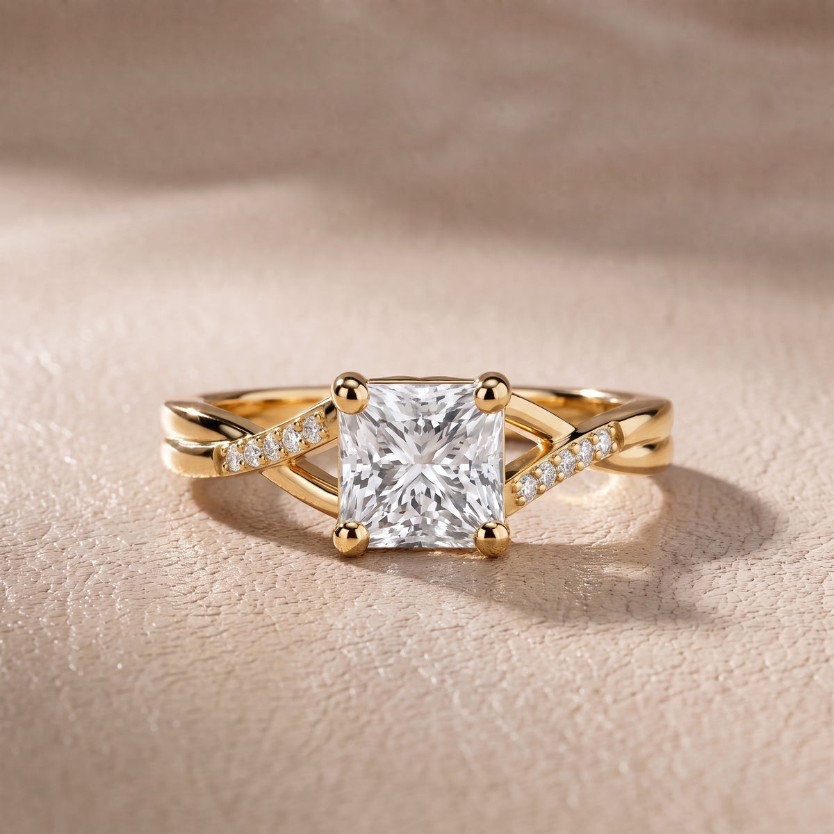 Veronica Twist Side Stone Princess Diamond Engagement Ring in Yellow Gold - front.jpg