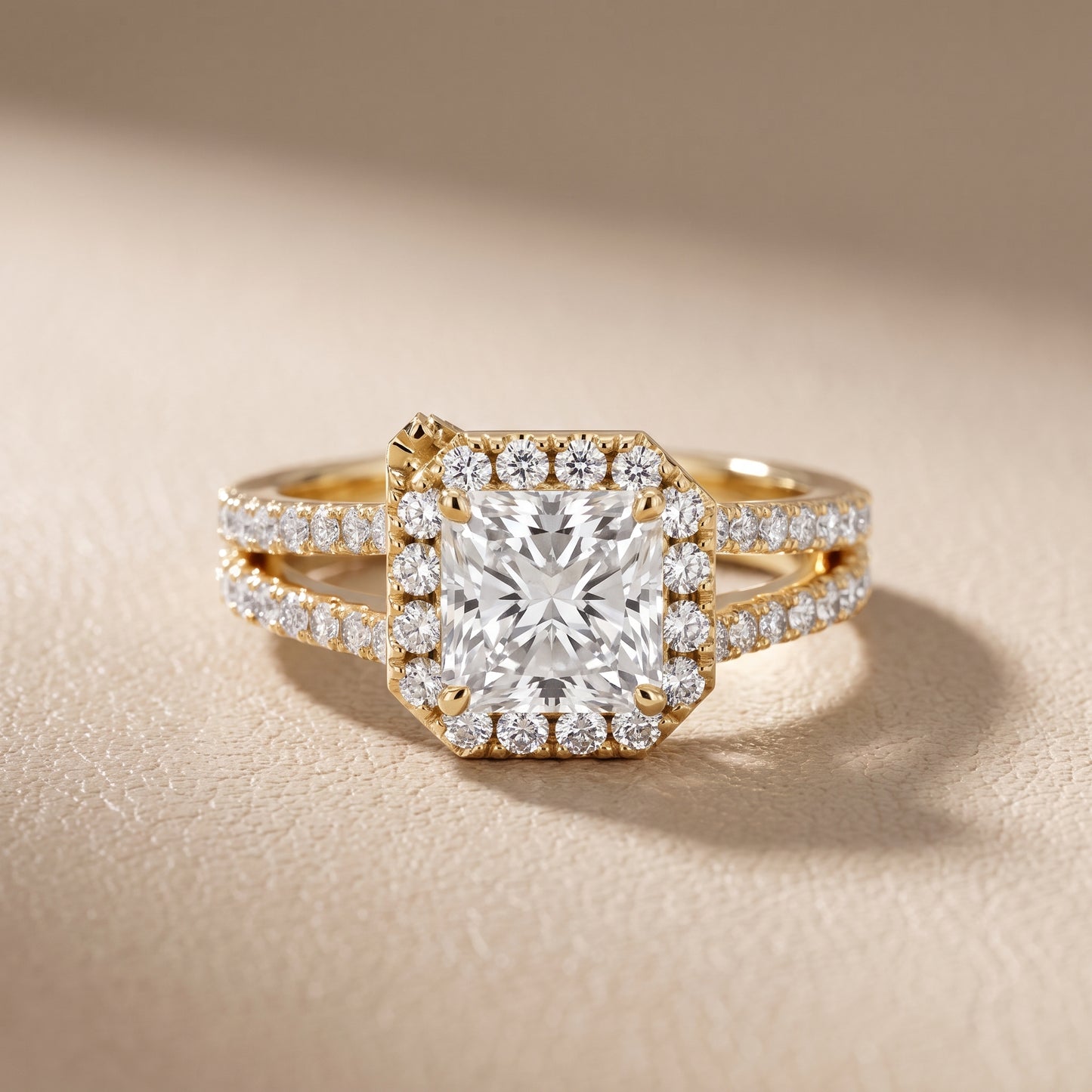 Kira Halo Split Shank Radiant Diamond Engagement Ring in Yellow Gold - front.jpg