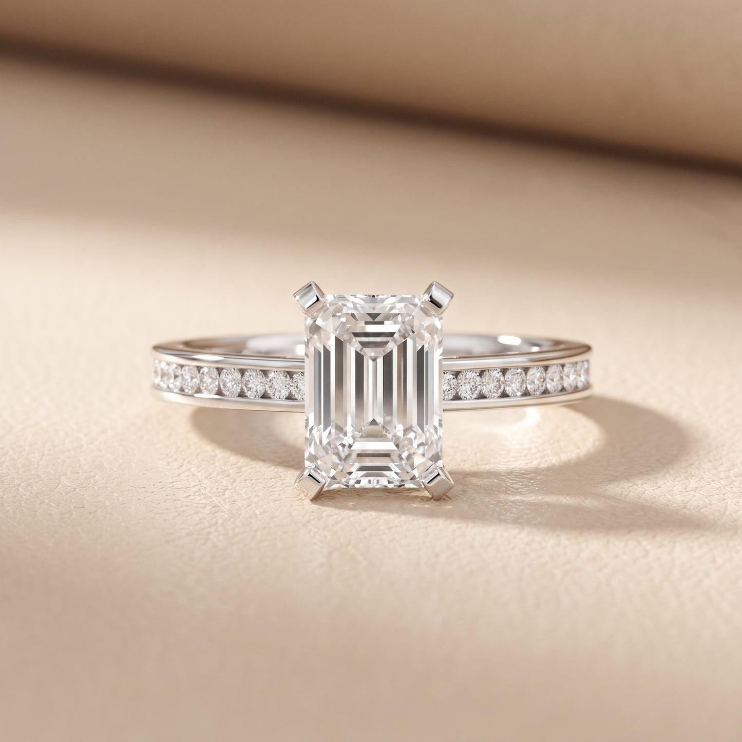 Tessa Solitaire Channel Set Emerald Diamond Engagement Ring in White Gold - front.jpg