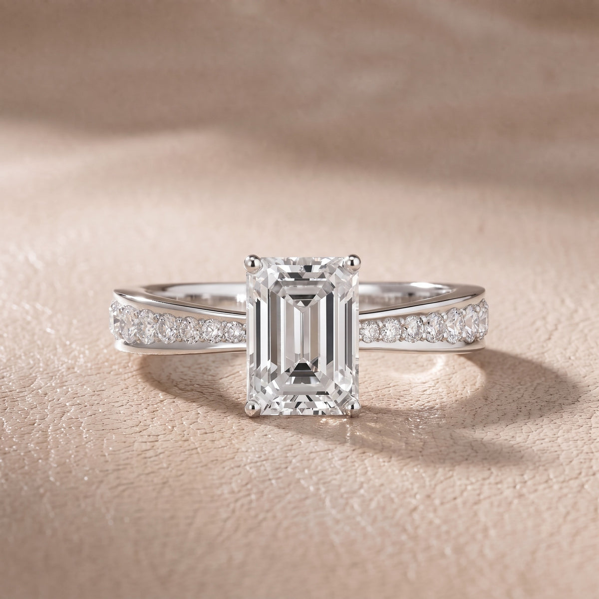 Rhea Sidestone Pavé Emerald Diamond Engagement Ring in Silver - front.jpg