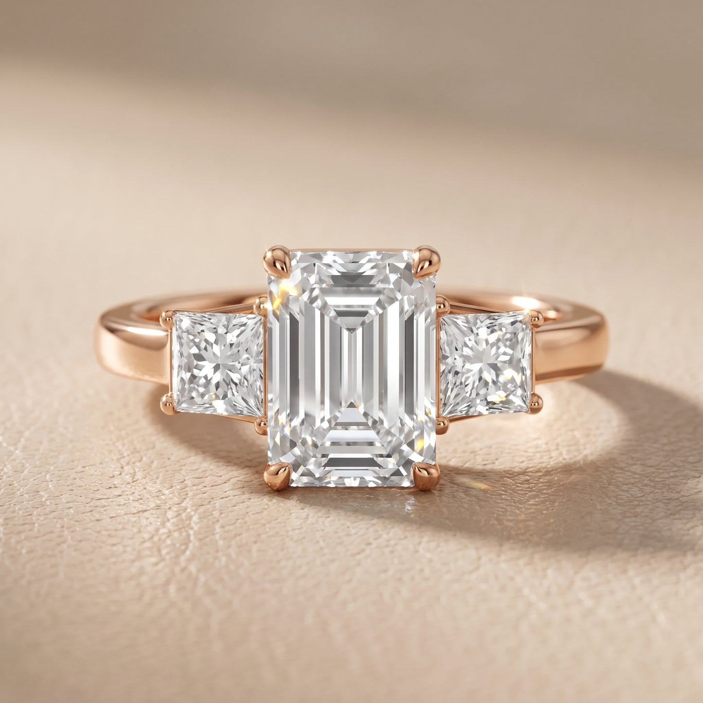 Selena Three-Stone Basket Emerald Diamond Ring in Rose Gold - front.jpg