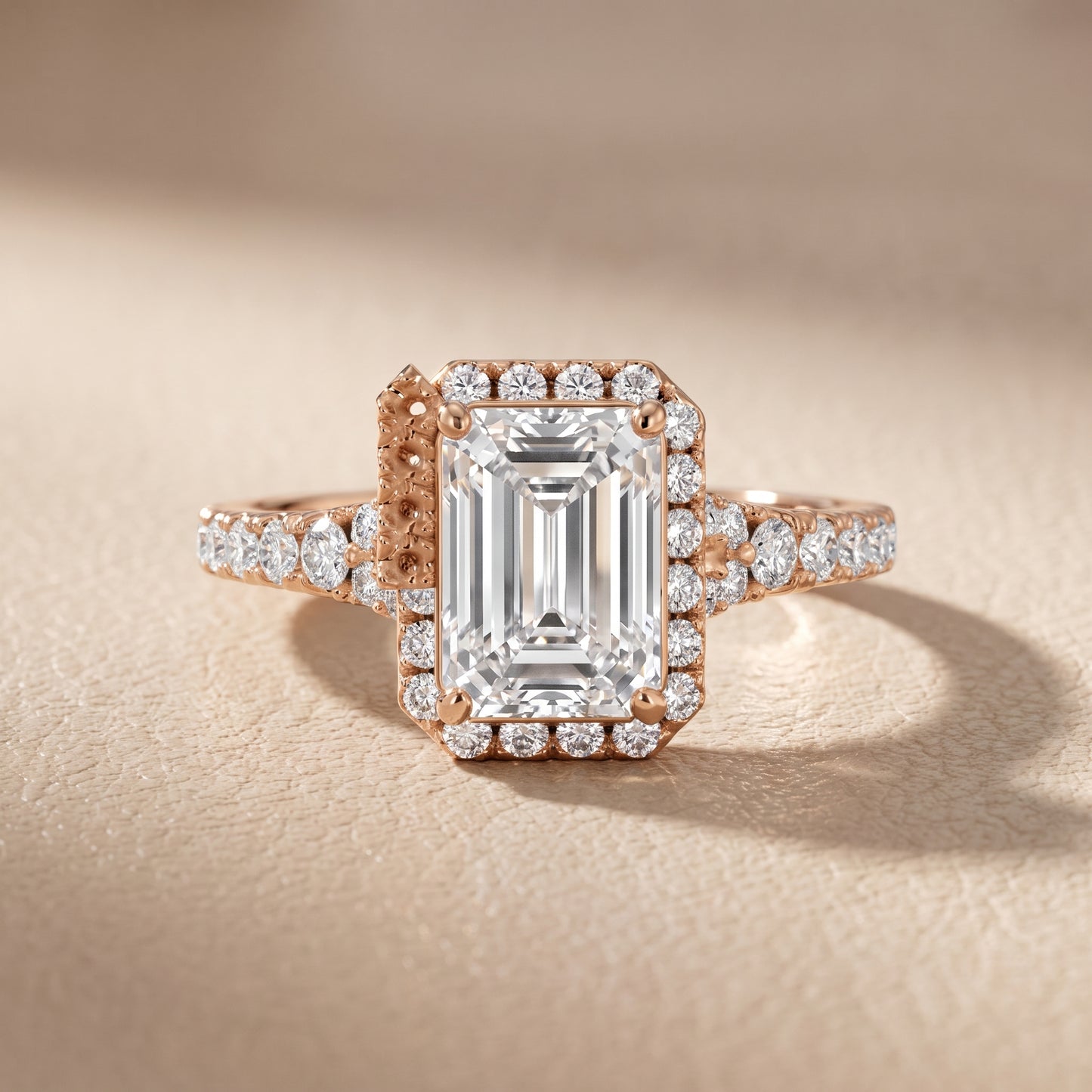 Bella Halo Pavé Emerald Diamond Engagement Ring in Rose Gold - front.jpg