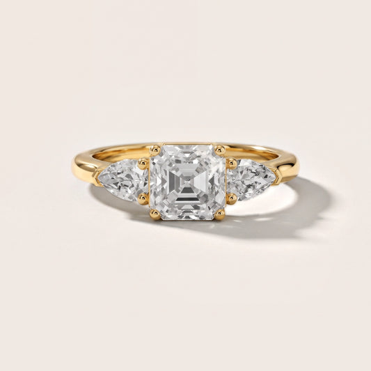 Sophia Three-Stone Asscher Diamond Engagement Ring in Yellow Gold