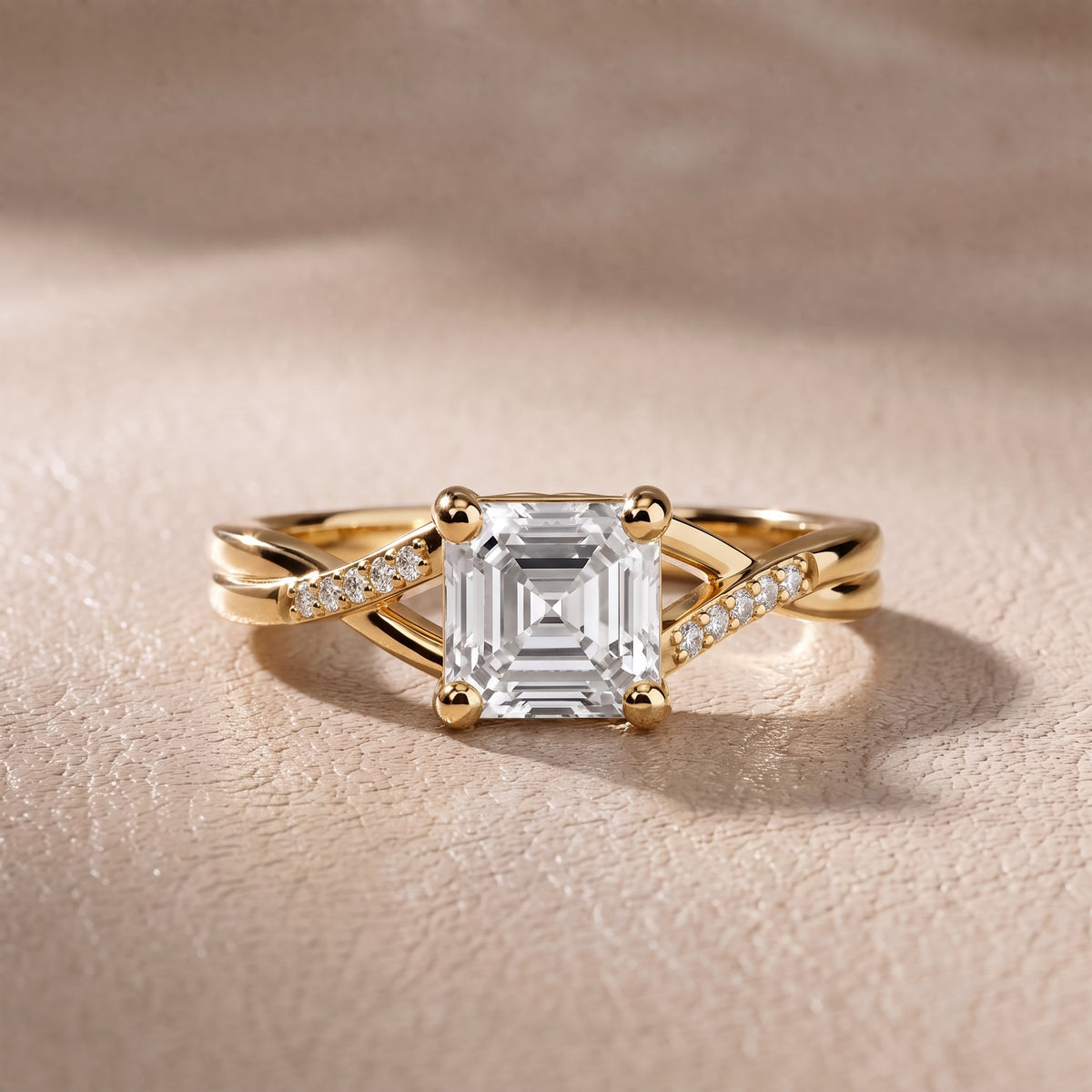 Veronica Twist Side Stone Asscher Diamond Engagement Ring in Yellow Gold - front.jpg