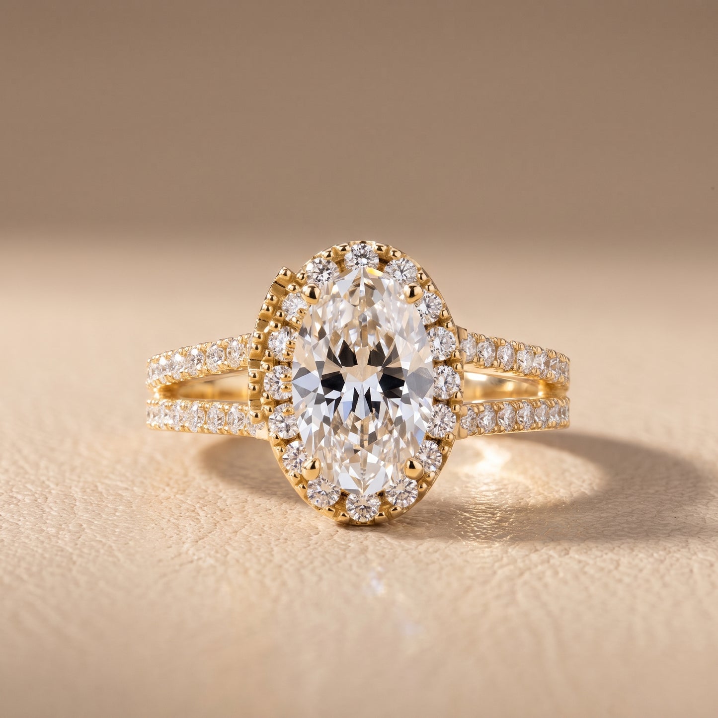 Kira Halo Split Shank Oval Diamond Engagement Ring in Yellow Gold - front.jpg