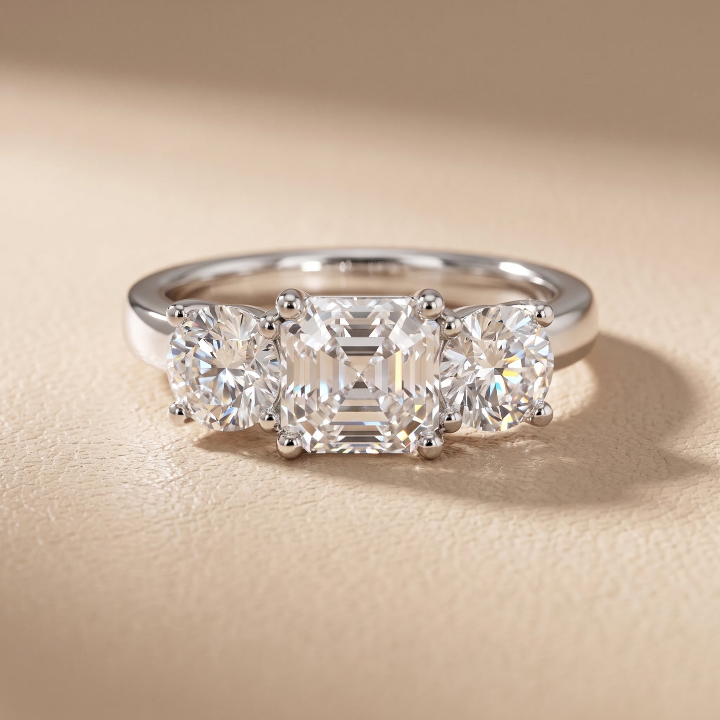 Callie Three-Stone Trellis Asscher Diamond Ring in Silver - front.jpg