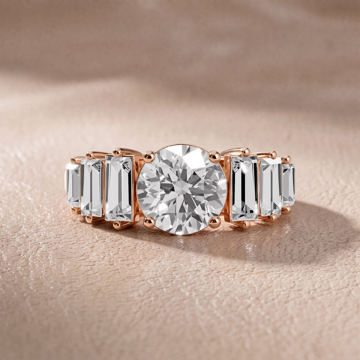Mara Sidestone Baguette Accent Round Diamond Engagement Ring in Rose Gold - front.jpg