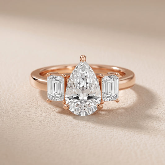 Zoe Three-Stone Pear Diamond Ring in Rose Gold - front.jpg