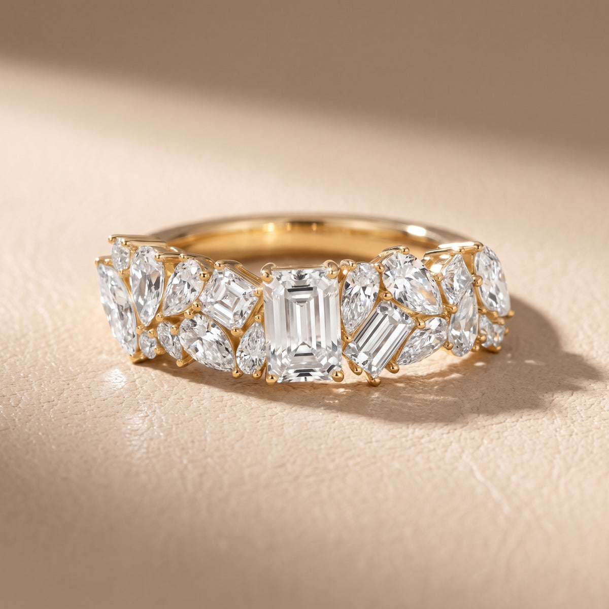 Isha Cluster Emerald & Pear Diamond Anniversary Ring in Yellow Gold - front.jpg