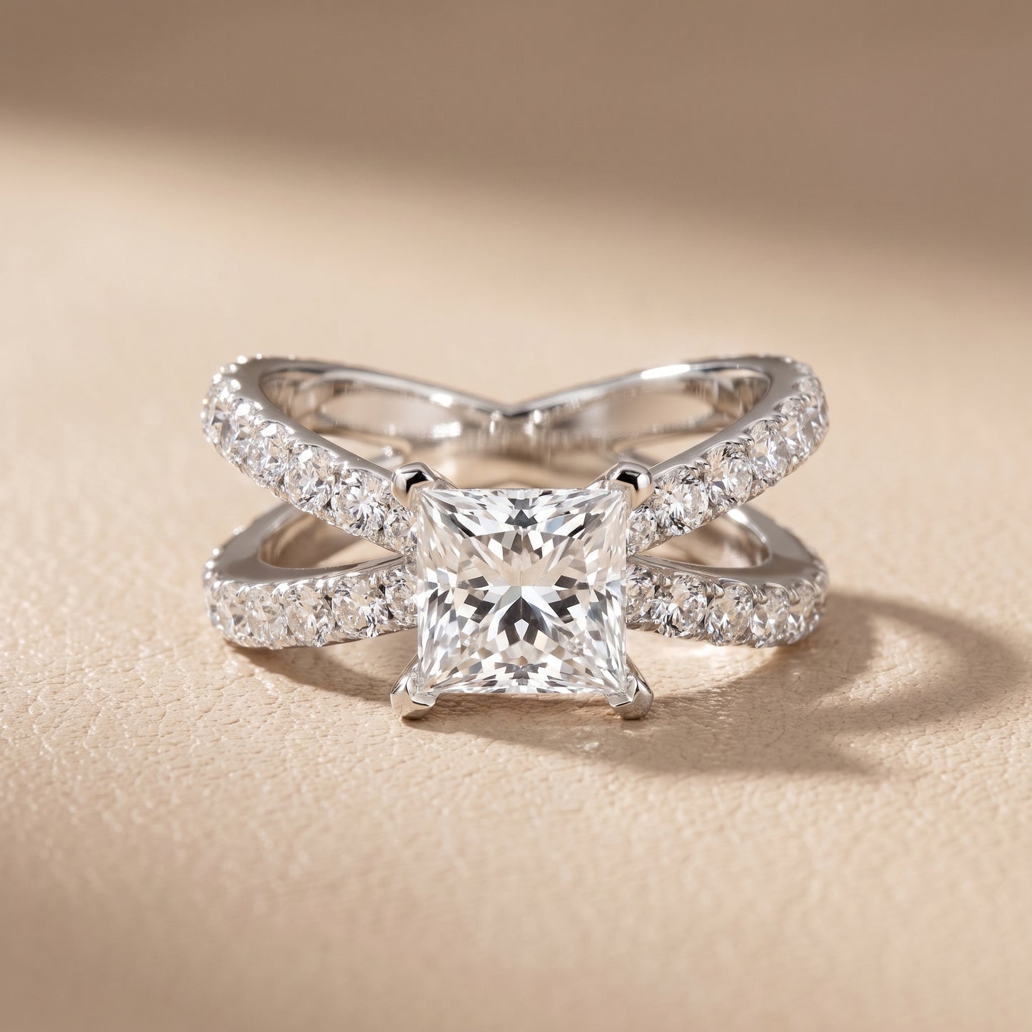 Lior Criss Cross Pavé Princess Diamond Engagement Ring in White Gold - front.jpg