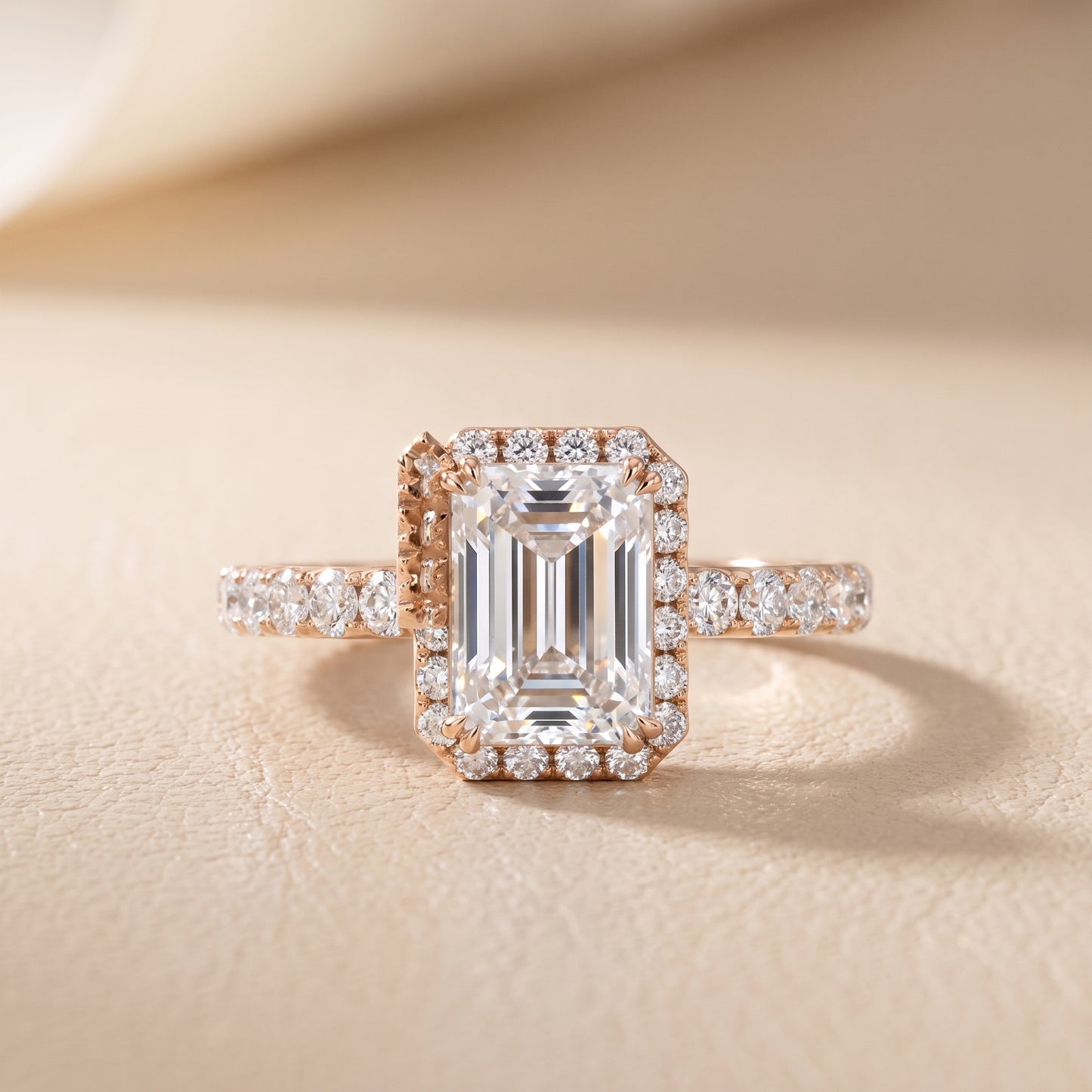 Chloe Halo Pavé Emerald Diamond Ring in Rose Gold - front.jpg