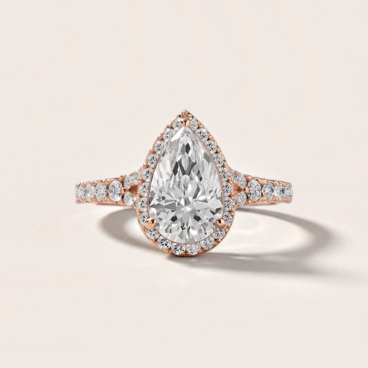 Bella Halo Pavé Pear Diamond Engagement Ring in Rose Gold