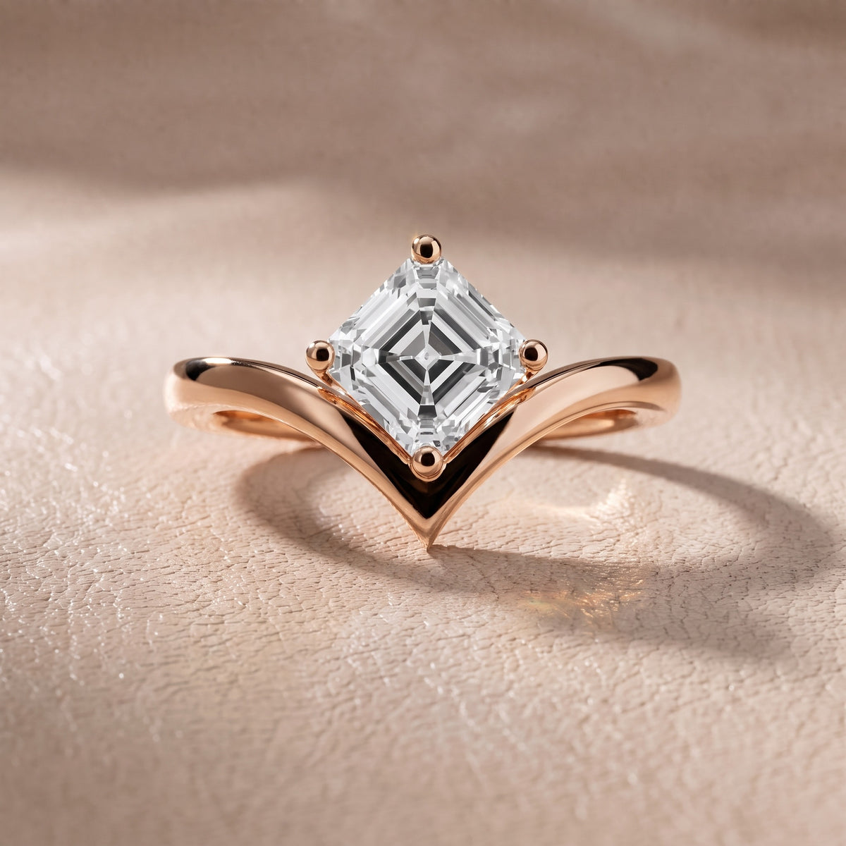Evelyn Chevron Solitaire Asscher Diamond Engagement Ring in Rose Gold - front.jpg