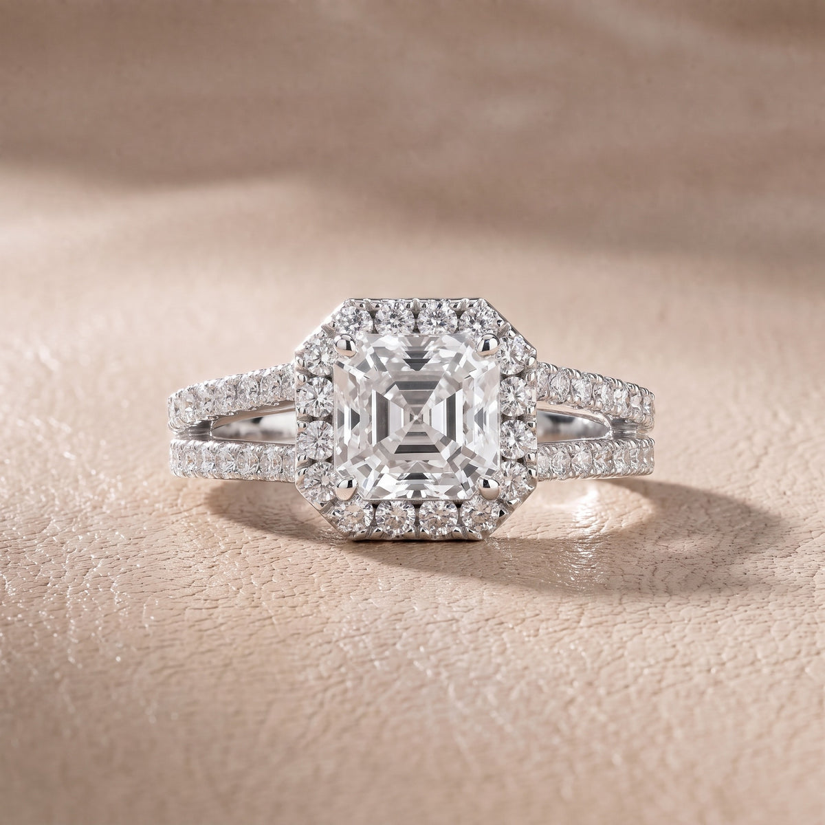 Kira Halo Split Shank Asscher Diamond Engagement Ring in Silver - front.jpg
