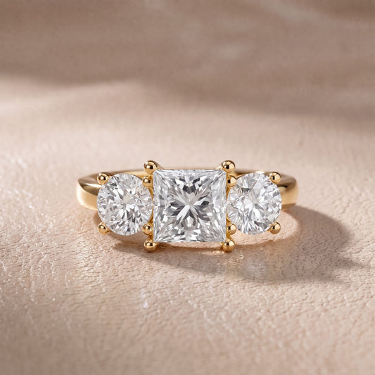 Callie Three-Stone Trellis Princess Diamond Engagement Ring in Yellow Gold - front.jpg