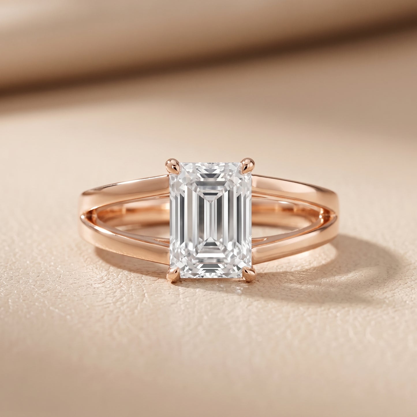 Giselle Solitaire Split Shank Emerald Diamond Engagement Ring in Rose Gold - front.jpg