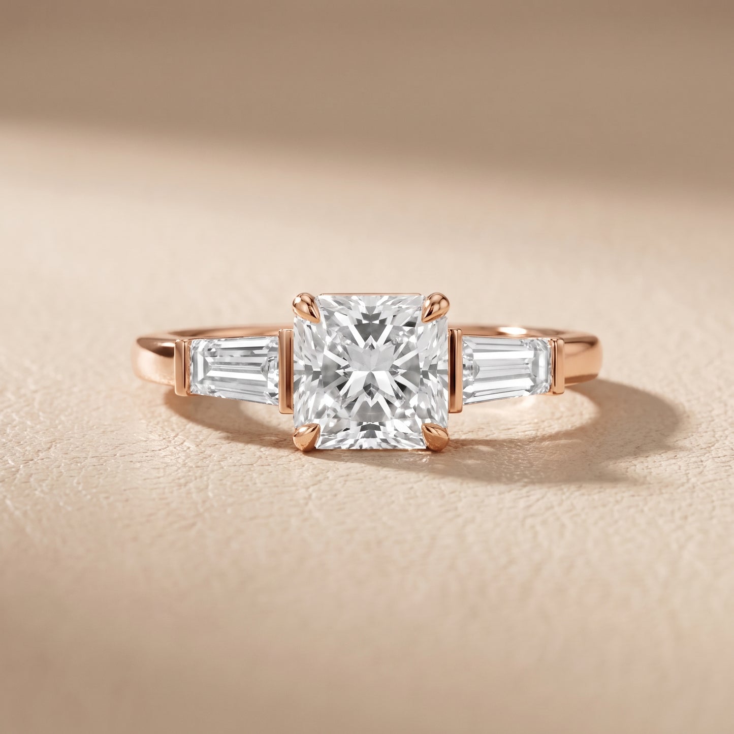 Zelda Tapered Baguette Radiant Diamond Engagement Ring in Rose Gold - front.jpg