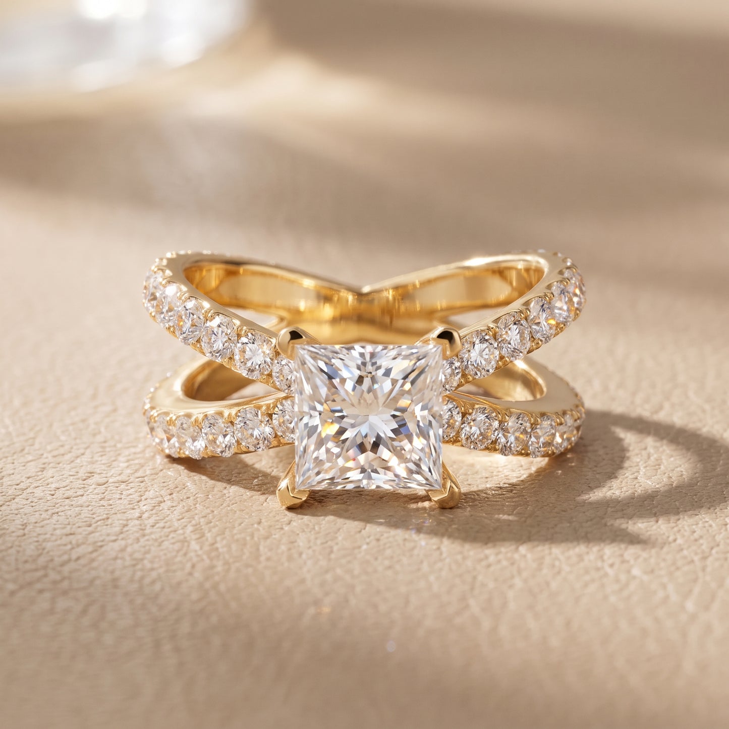 Lior Criss Cross Pavé Princess Diamond Engagement Ring in Yellow Gold - front.jpg