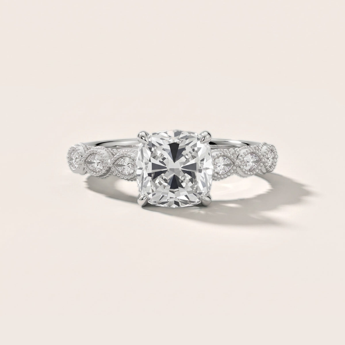 Freya Milgrain Leaf Cushion Diamond Engagement Ring in Silver - front.jpg