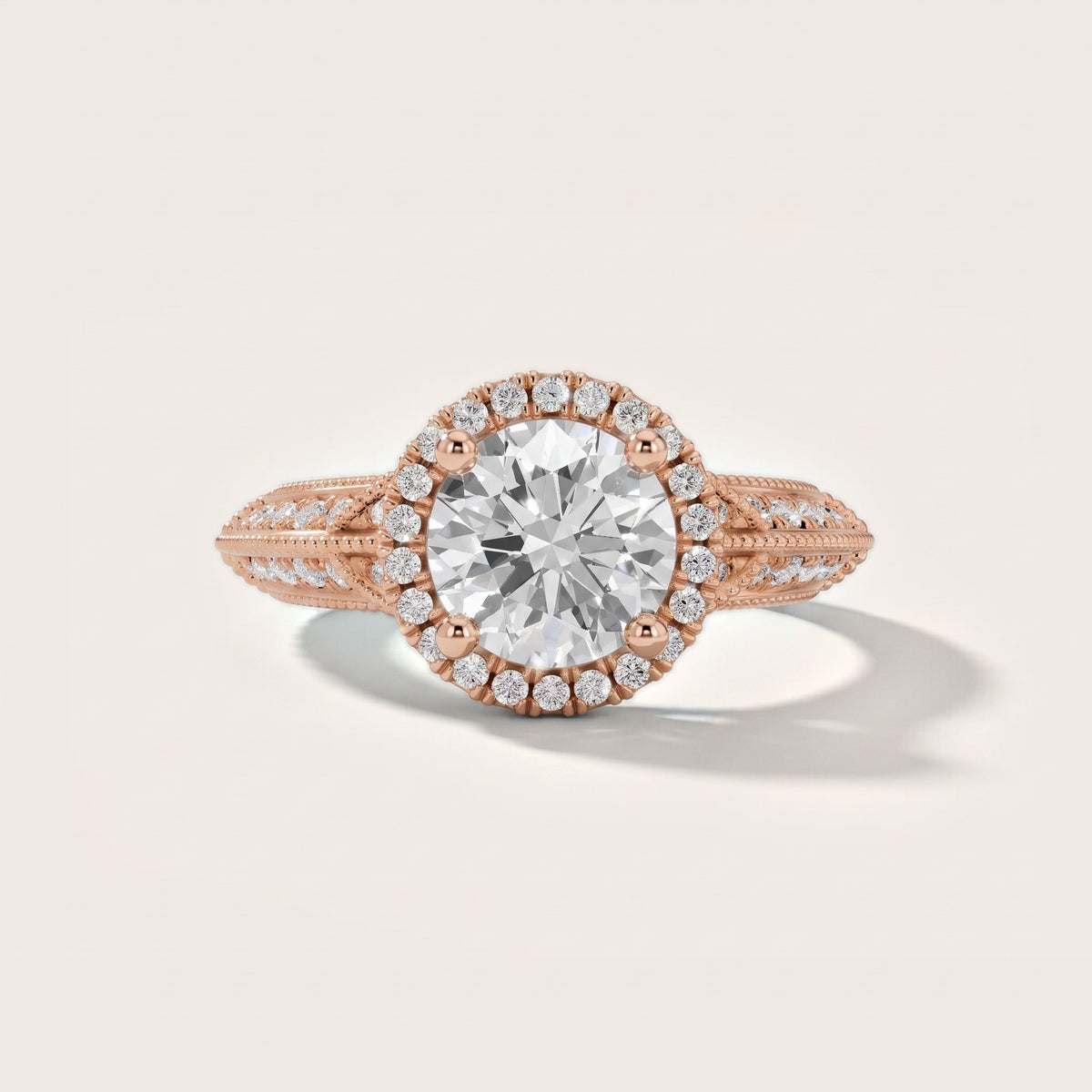 Logan Milgrain Halo Round Diamond Engagement Ring in Rose Gold - front.jpg