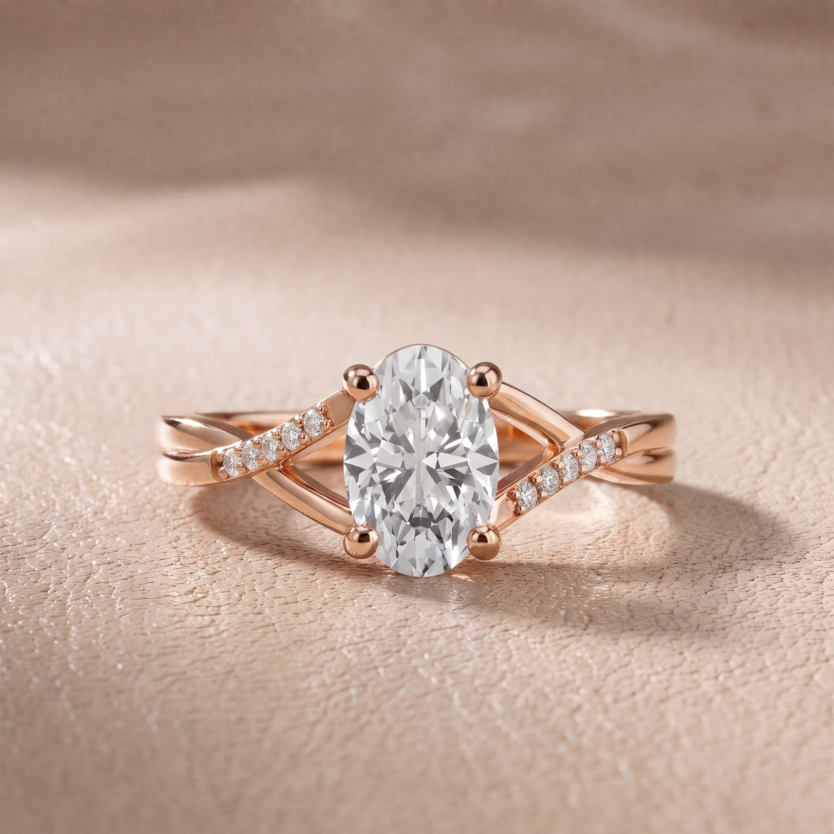 Veronica Twist Side Stone Oval Diamond Engagement Ring in Rose Gold - front.jpg