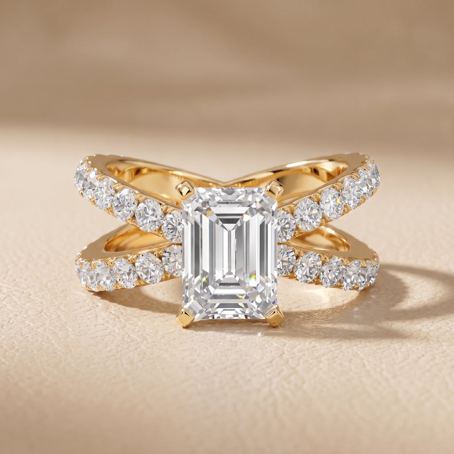 Lior Criss Cross Pavé Emerald Diamond Engagement Ring in Yellow Gold - front.jpg