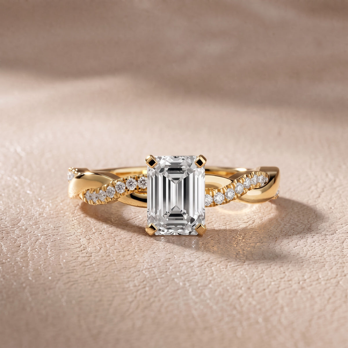 Twisted Side Stone Emerald Diamond Engagement Ring in Yellow Gold - front.jpg