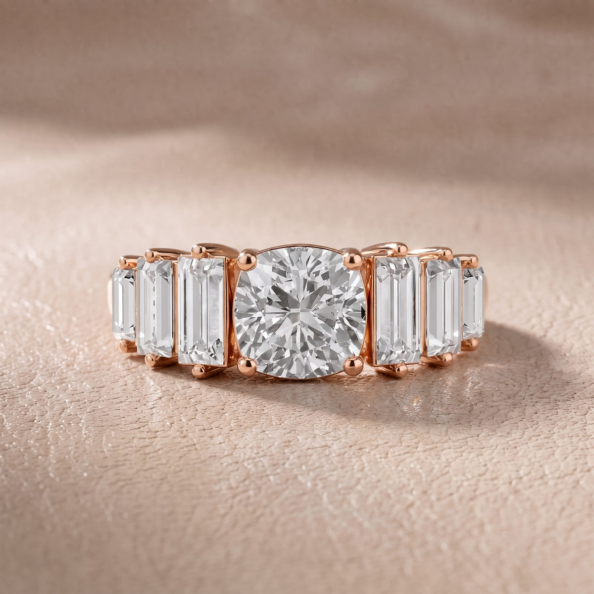 Mara Sidestone Baguette Accent Cushion Diamond Engagement Ring in Rose Gold - front.jpg