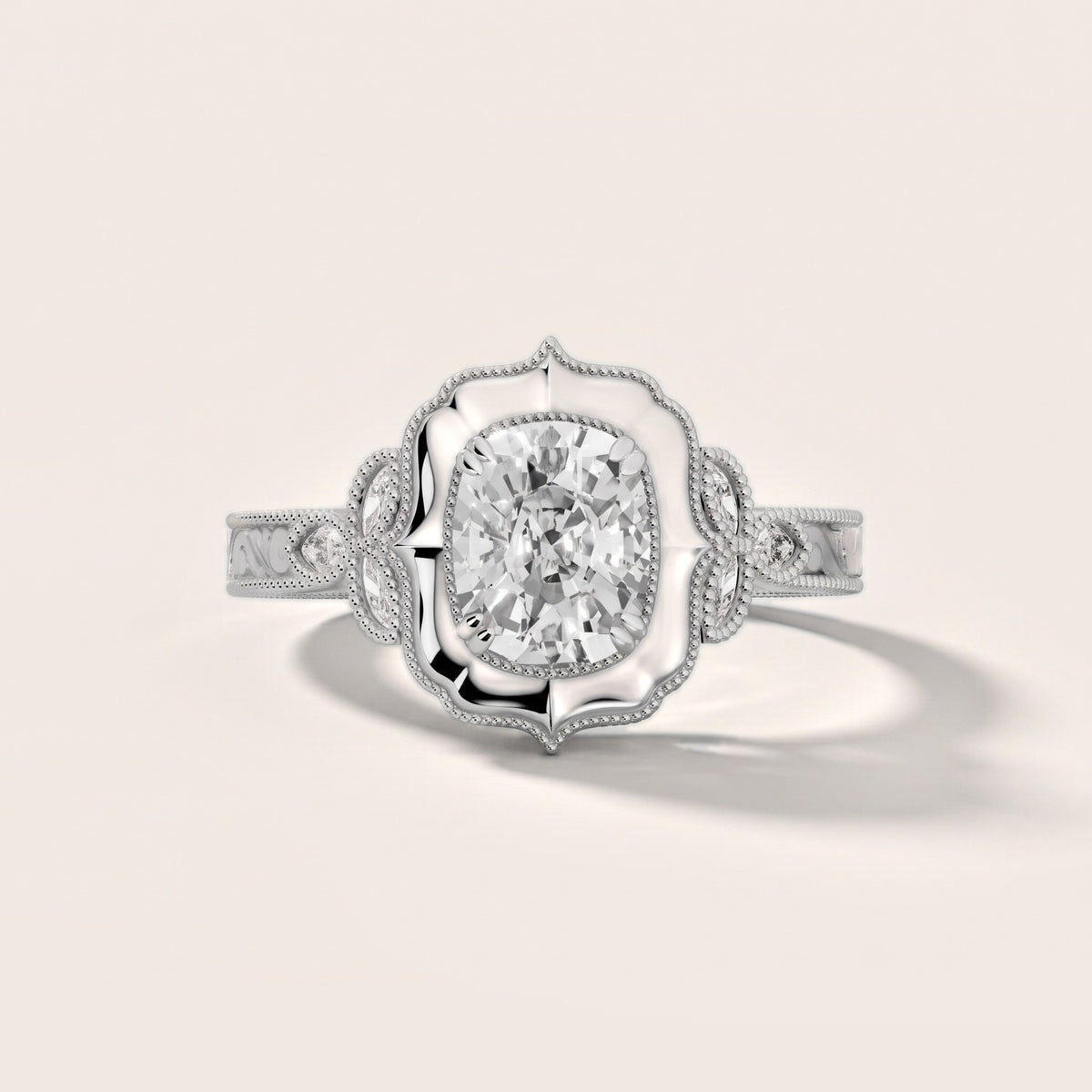 Shasta Vintage Scalloped Cushion Diamond Engagement Ring in White Gold - front.jpg