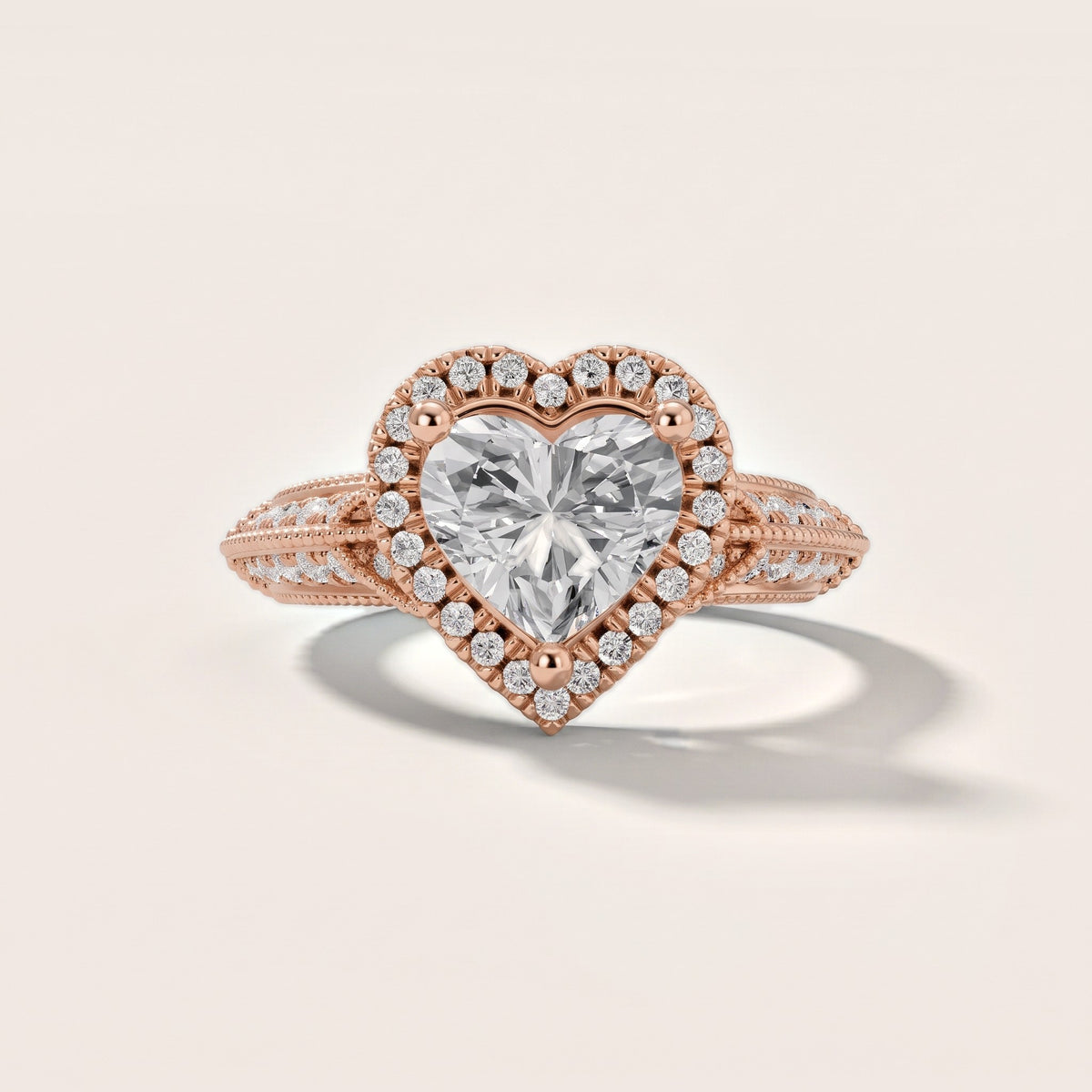 Logan Milgrain Halo Heart Diamond Engagement Ring in Rose Gold - front.jpg