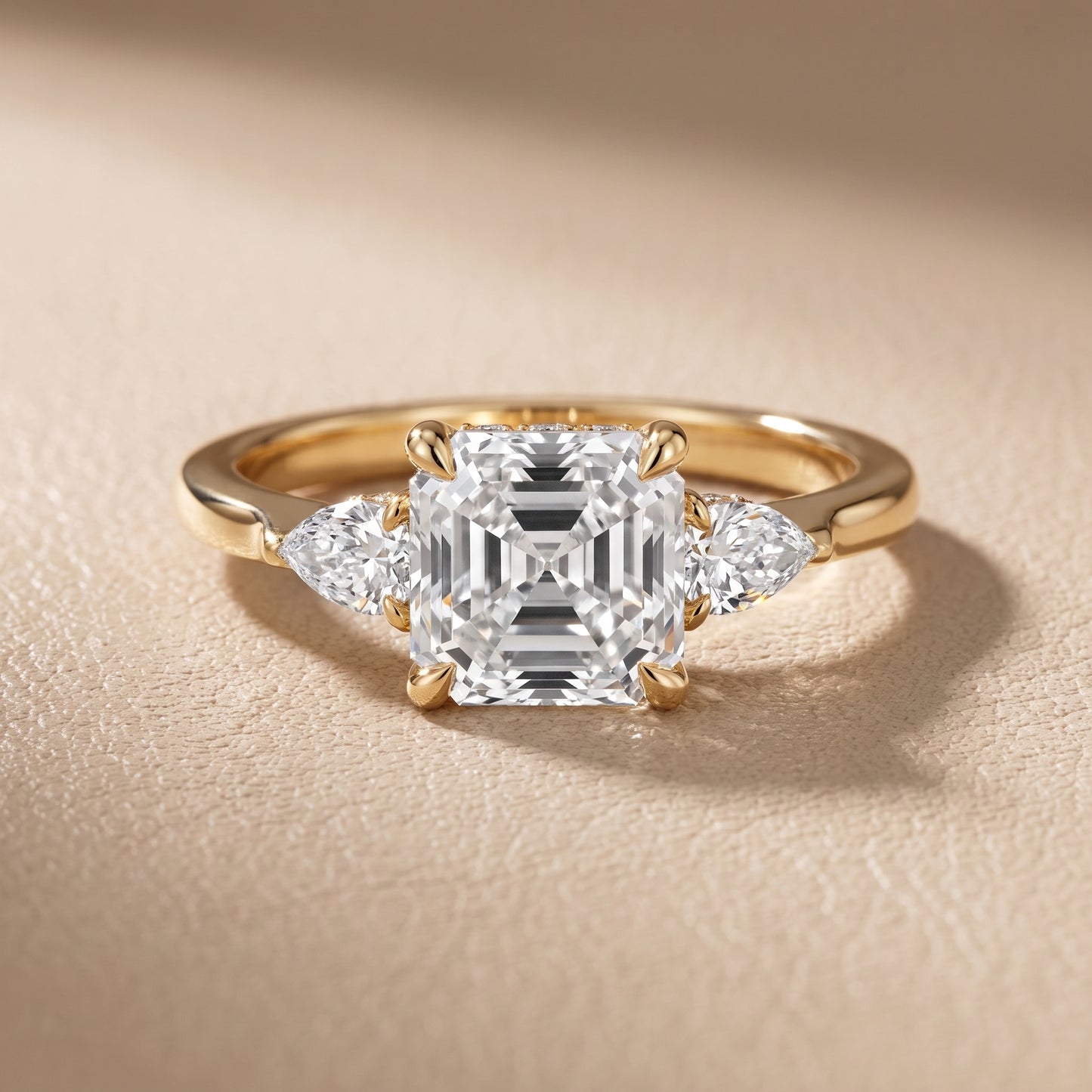 Leila Three-Stone Asscher Diamond Engagement Ring in Yellow Gold - front.jpg