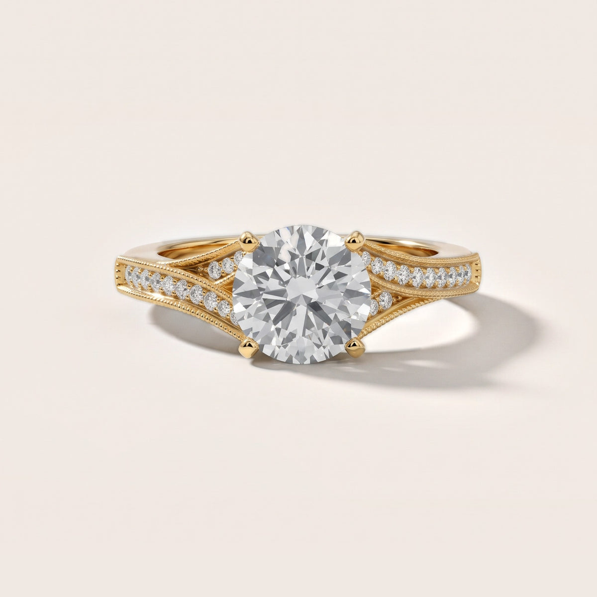 Nara Milgrain Split Shank Round Diamond Engagement Ring in Yellow Gold - front.jpg