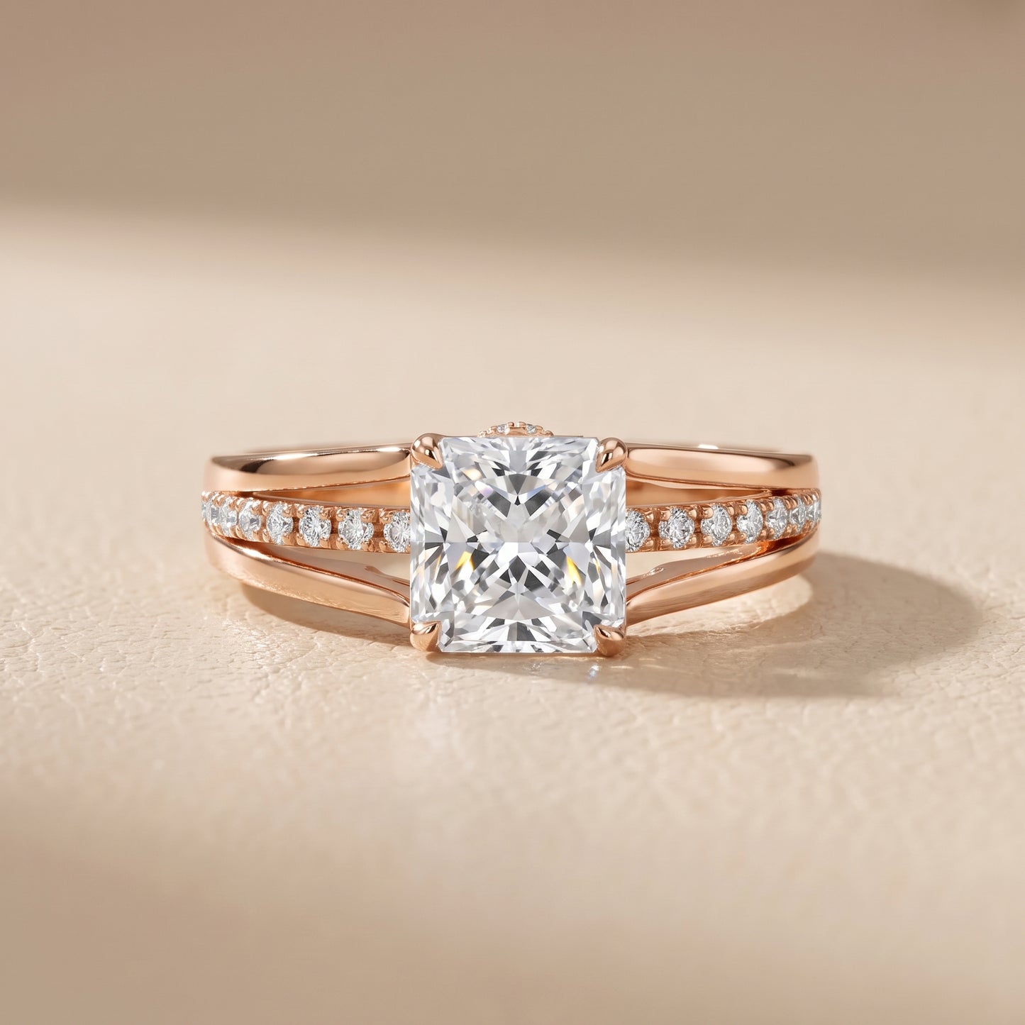 Scarlett Split Shank Pavé Radiant Diamond Ring in Rose Gold - front.jpg