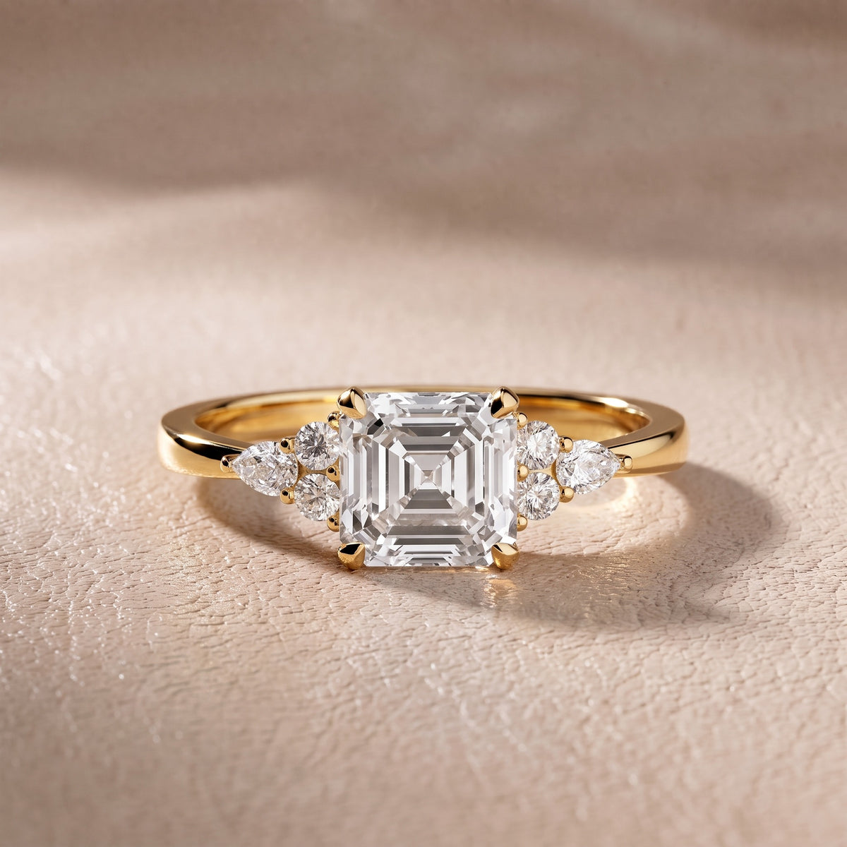 Amelia Three Stone Asscher Diamond Engagement Ring in Yellow Gold - front.jpg