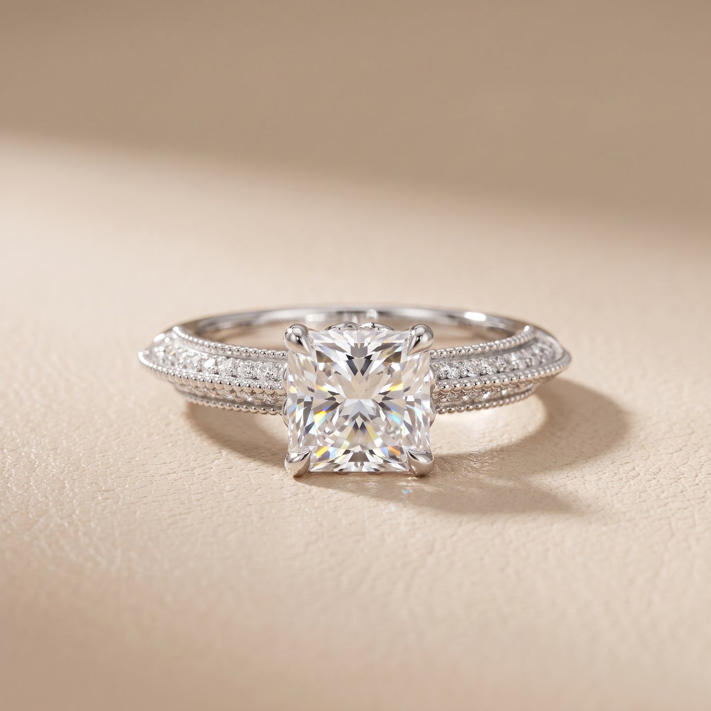Indie Vintage Milgrain Radiant Diamond Engagement Ring in Platinum - front.jpg