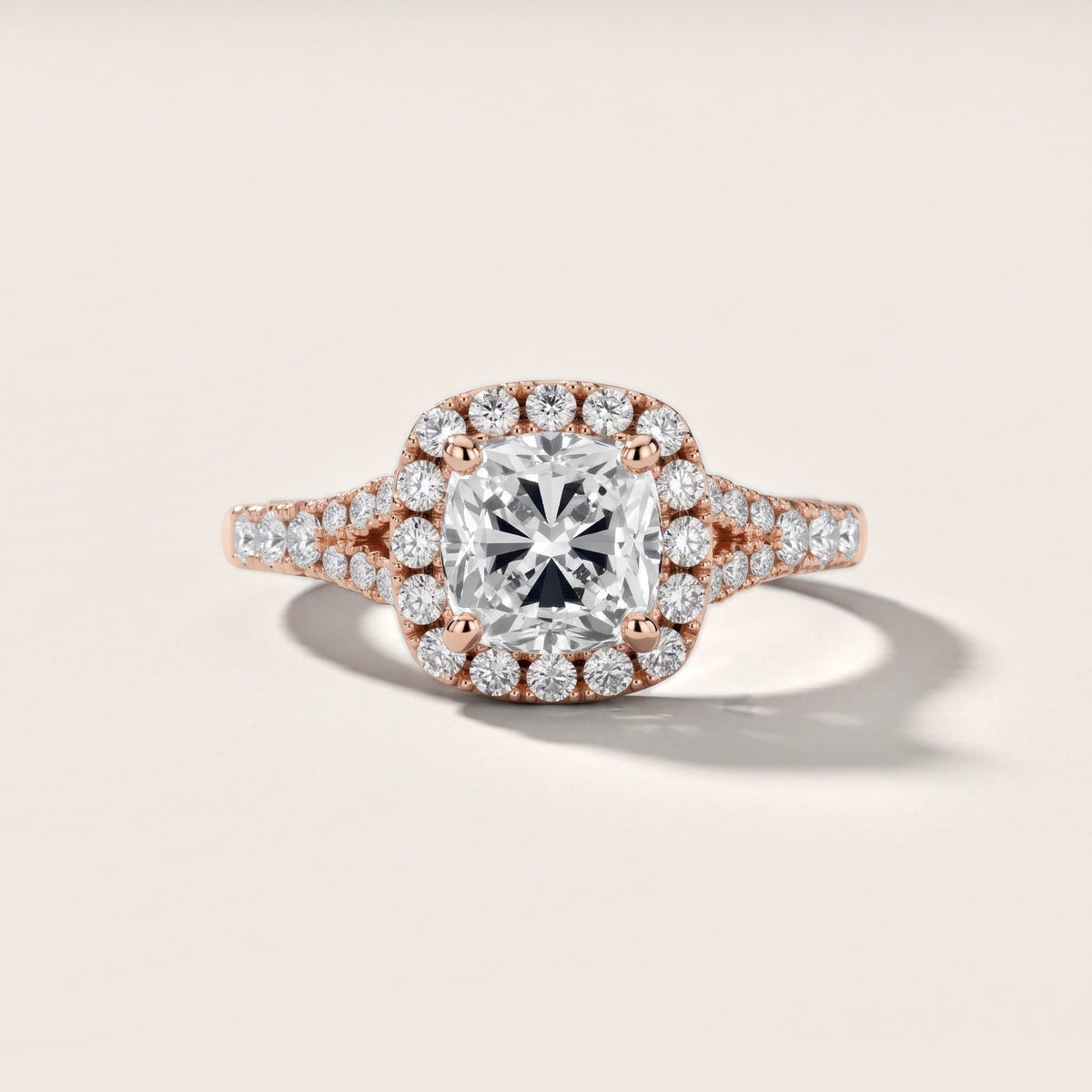 Kenner Halo Split Shank Cushion Diamond Engagement Ring in Rose Gold - front.jpg