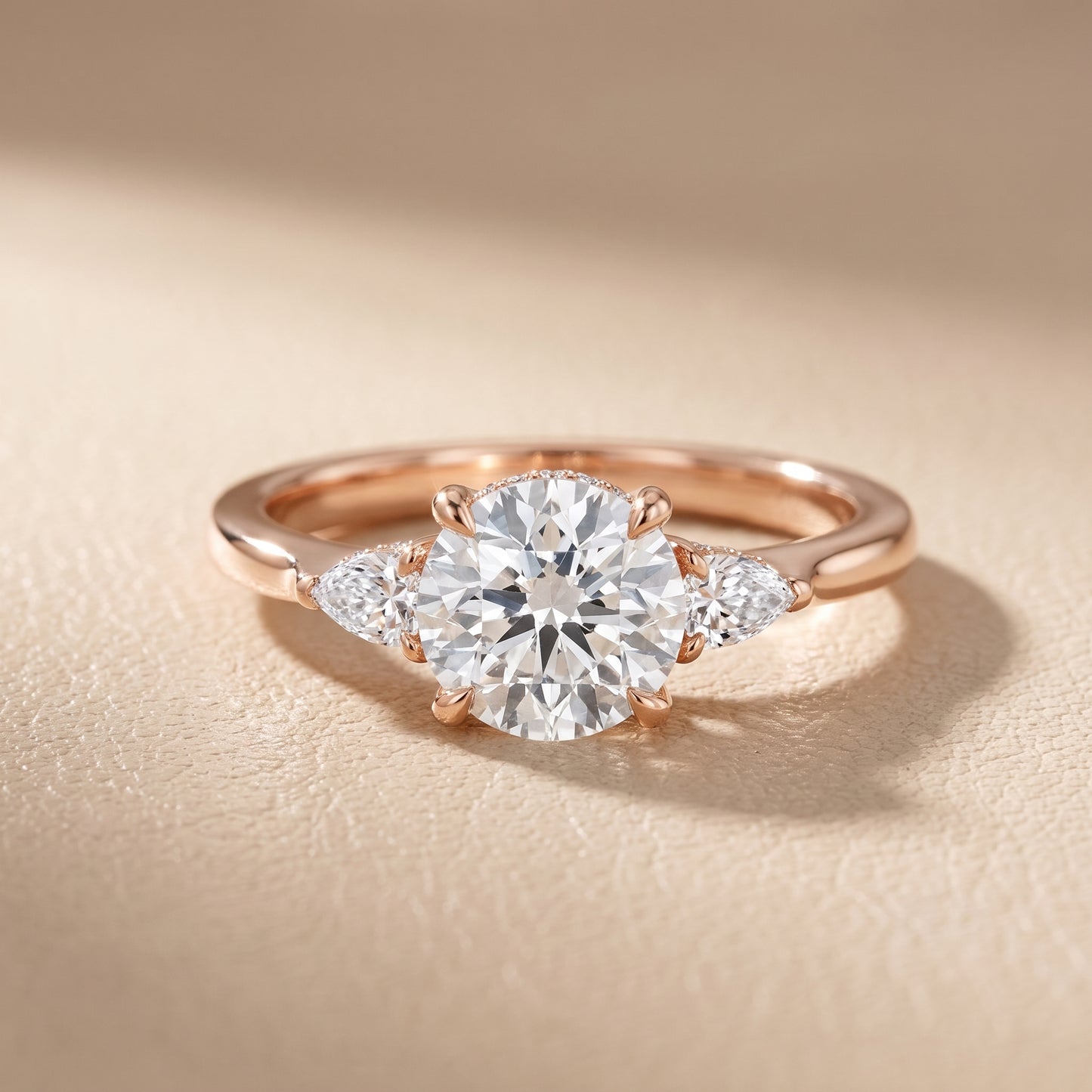 Leila Three-Stone Round Diamond Engagement Ring in Rose Gold - front.jpg