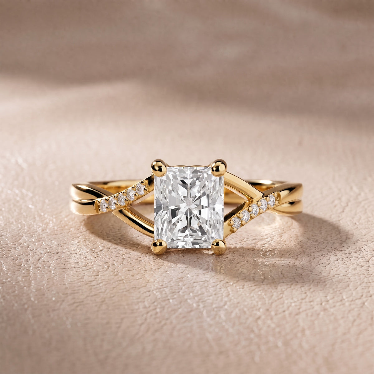 Veronica Twist Side Stone Radiant Diamond Engagement Ring in Yellow Gold - front.jpg