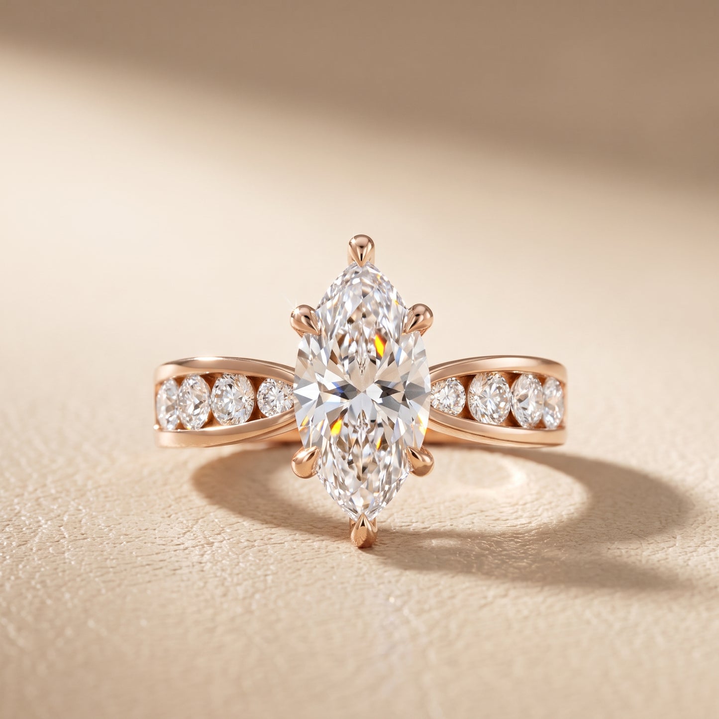 Noor Channel Set Sidestone Marquise Diamond Engagement Ring in Rose Gold - front.jpg