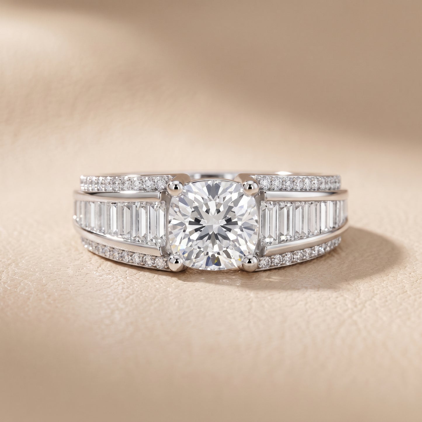 Halle Channel Set Baguette Accent Cushion Diamond Engagement Ring in Silver - front.jpg