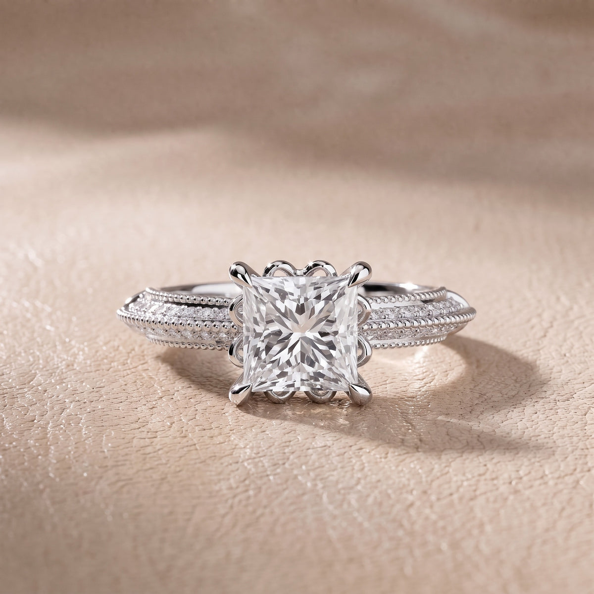 Chiara Vintage Milgrain Princess Diamond Engagement Ring in Silver - front.jpg