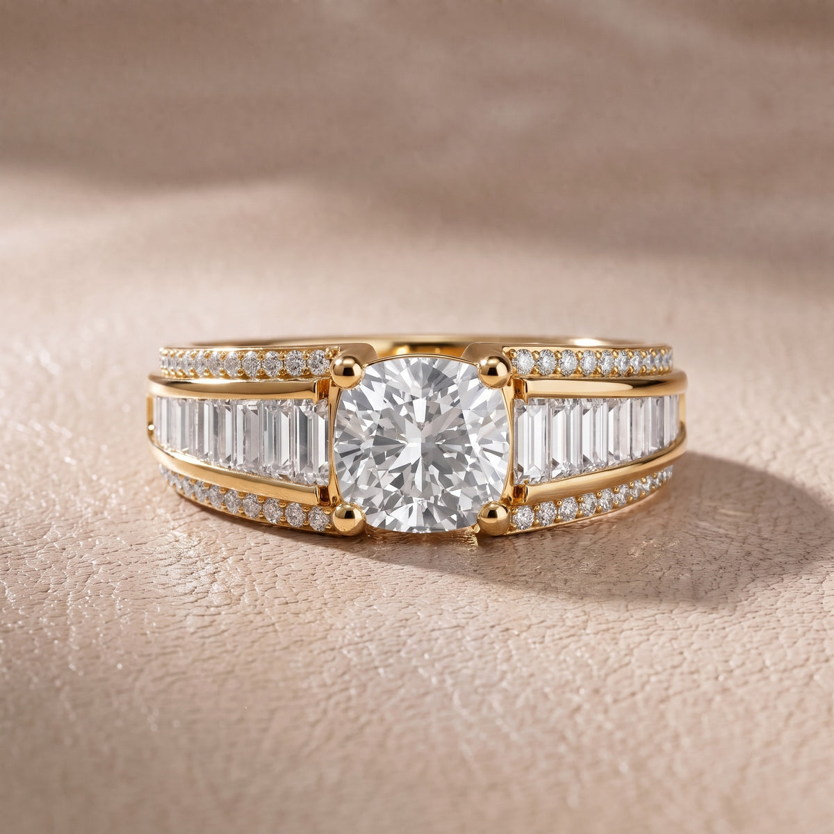 Tara Channel Set Baguette Accent Cushion Diamond Engagement Ring in Yellow Gold - front.jpg