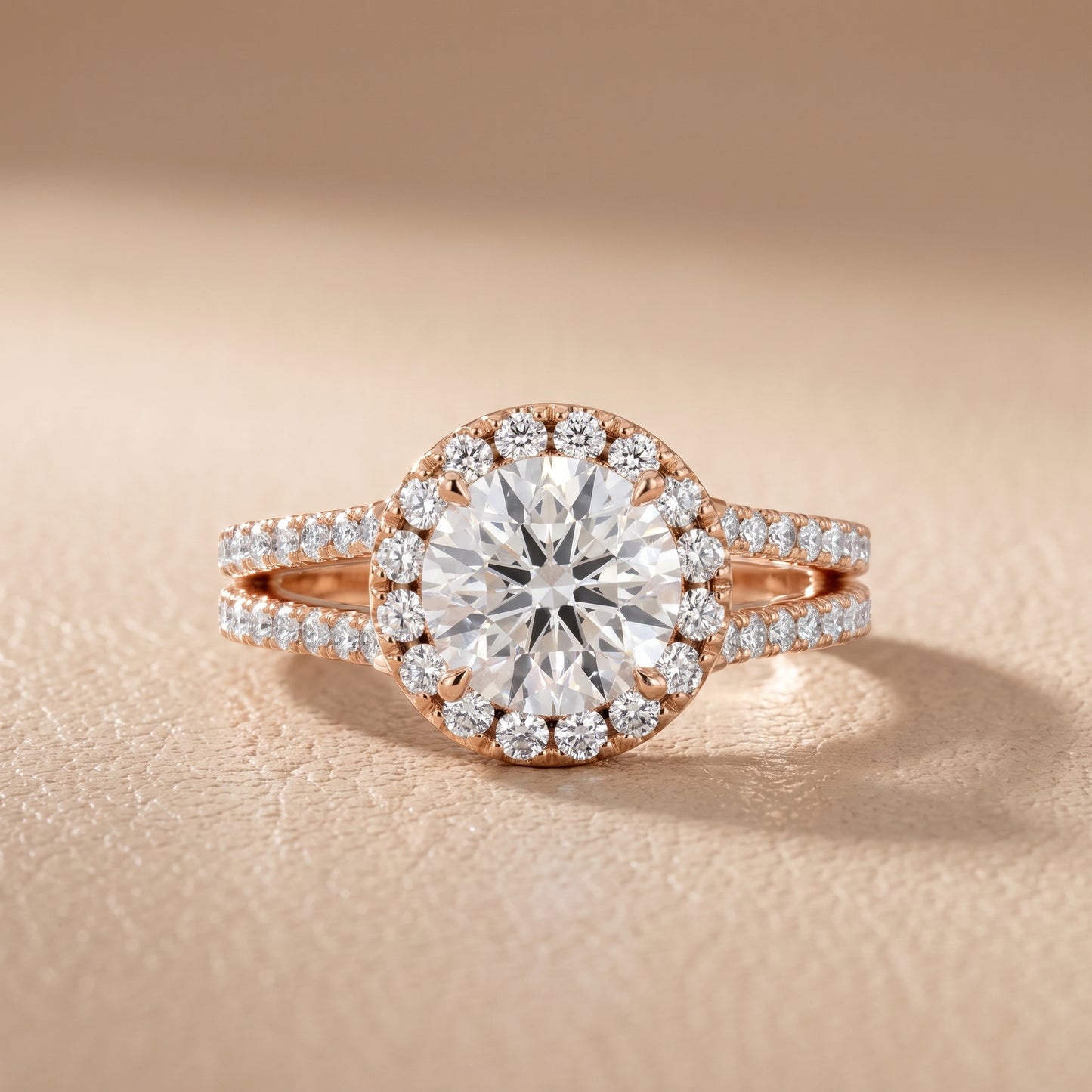 Kira Halo Split Shank Round Diamond Engagement Ring in Rose Gold - front.jpg