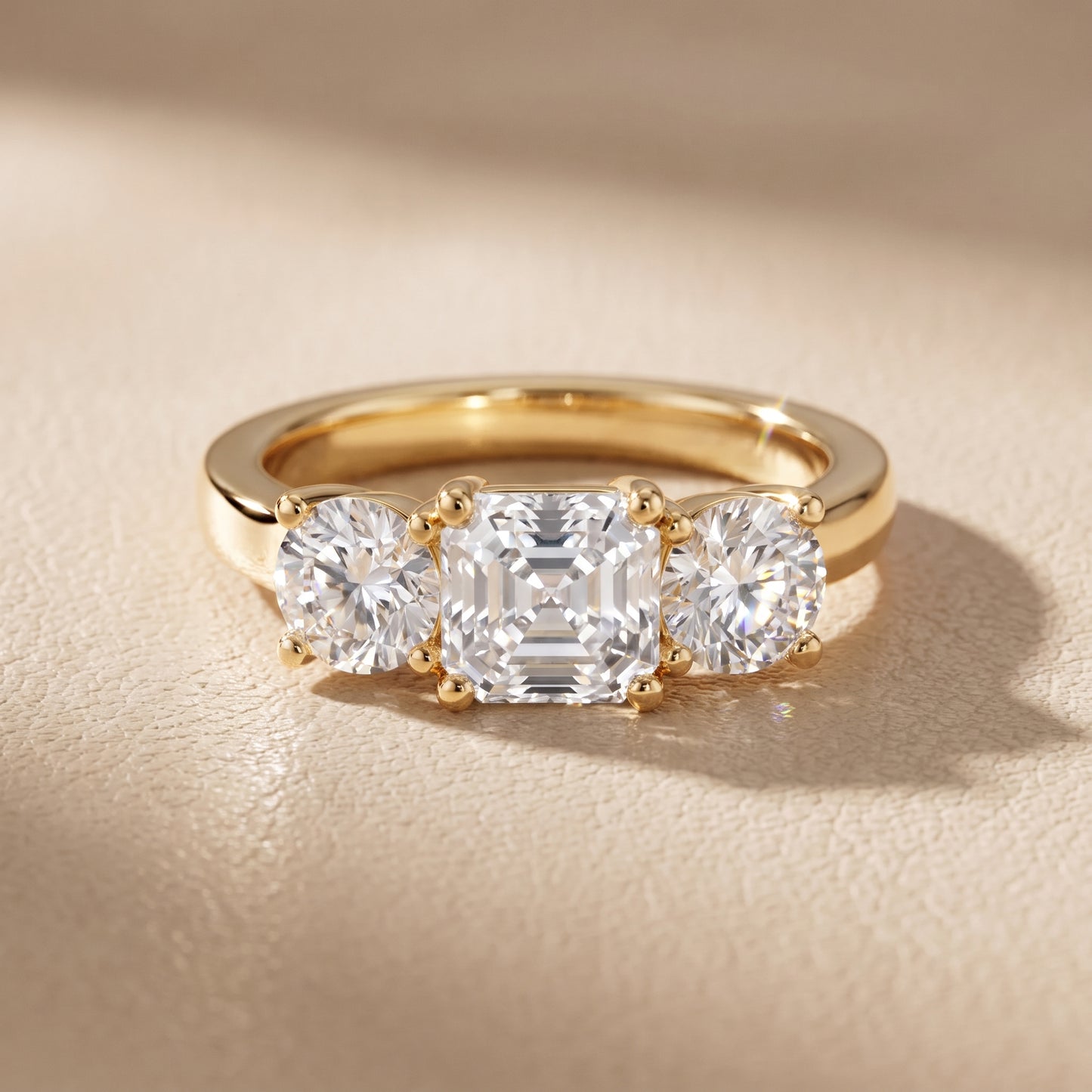 Callie Three-Stone Trellis Asscher Diamond Ring in Yellow Gold - front.jpg