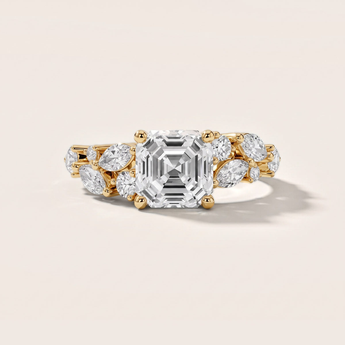 Kelsey Leaf Cluster Asscher Diamond Engagement Ring in Yellow Gold - front.jpg