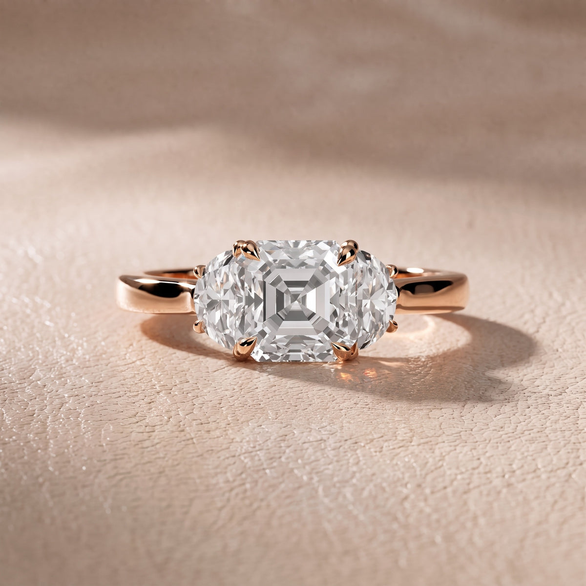 Romy Three-Stone Asscher Diamond Engagement Ring in Rose Gold - front.jpg