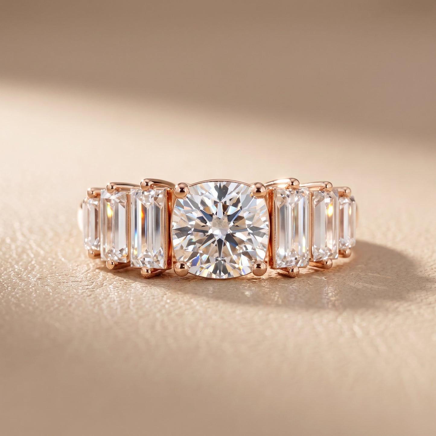 Mara Sidestone Baguette Accent Cushion Diamond Engagement Ring in Rose Gold - front.jpg